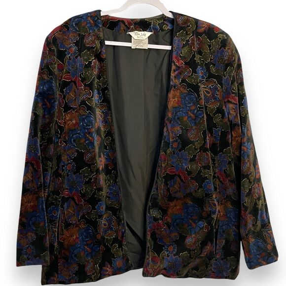 Tan Jay Velvet Floral Print Open Blazer Jacket Women's 22W Black VTG Academia - Picture 1 of 13